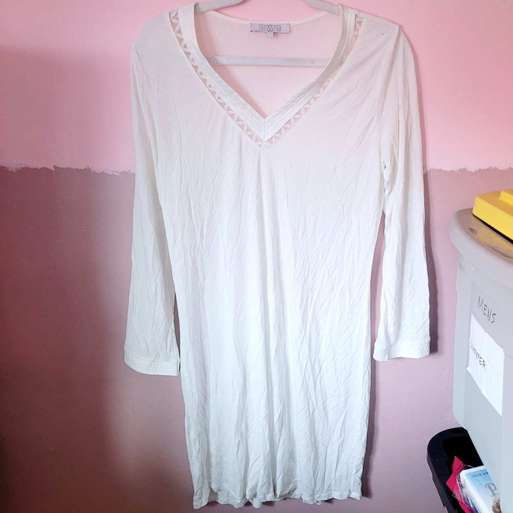 Vintage‎ Laurence Tavernier White V Neck Long Sleeve Lace Trim Nightgown Large